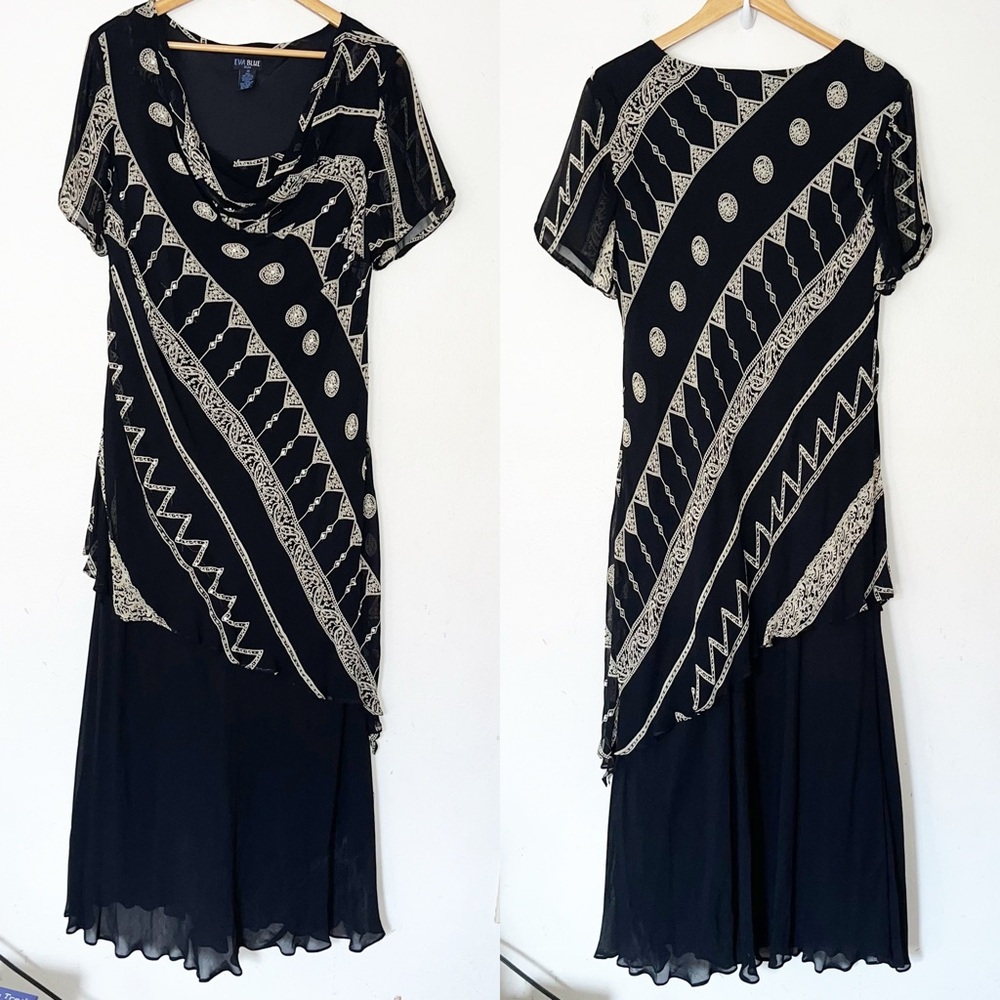 Eva Blue Plus Evening Formal Dress Womens Size 16 Overlay Beaded Cowl Vintage